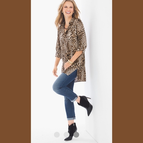 Chico's Leopard Print Long Line Button Front Shirt Sz 2 Chico's or Large - Picture 8 of 8